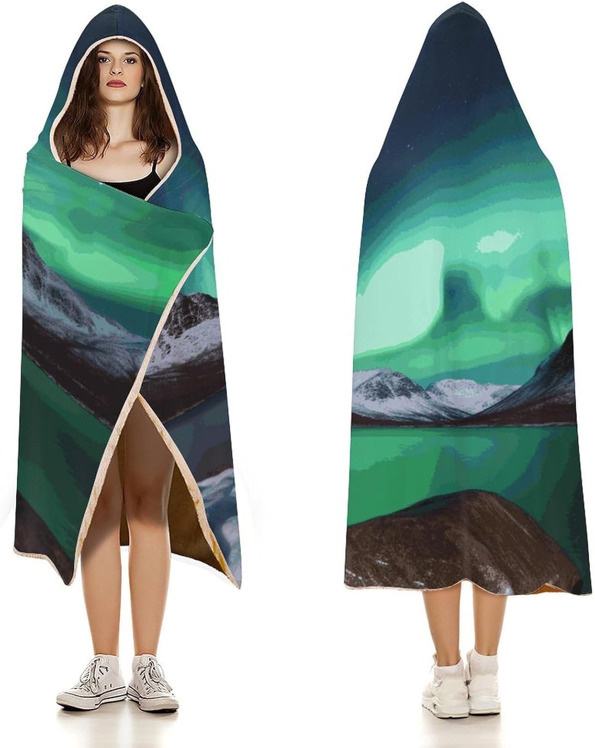 Fleece Wearable Blanket Hoodie Hands-Free Warm Cozy Oversized Aurora Borealis Blanket for Working Lounging