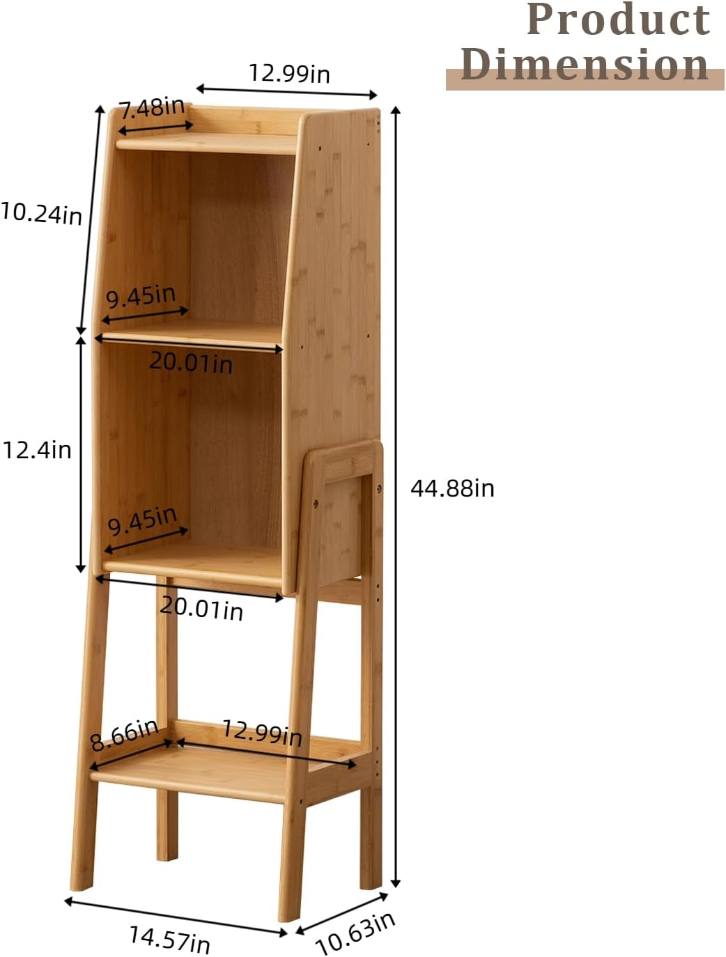 latifolia Bookshelf, 3-Tier Bamboo Bookcase with Bottom Storage Shelving, Narrow Corner Storage Organizer for Modern Living Spaces-Nature