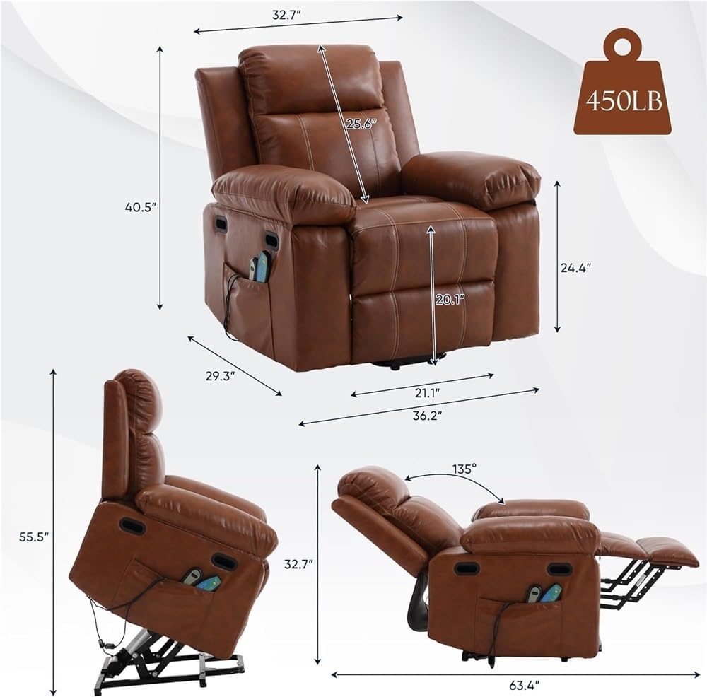 Power Lift Recliner with Heat & Massage, Overstuffed Electric Chair with USB Port, Cup Holders, Side Pocket & Remote – Heavy-Duty Comfort Recliner for Elderly & Adults