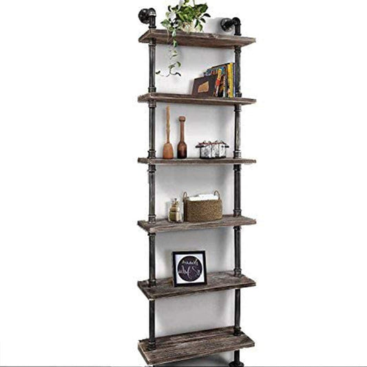 Industrielles Bücherregal, 6 Ebenen, modernes Leiterregal, Holzregal, Ausstellungsregal, Wandmontage, Metallregal, Bücherregal, Vintage Schmiedeeisen