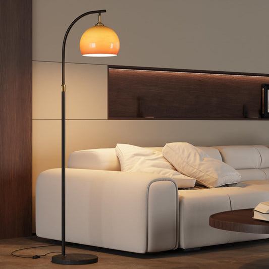 Orange Glass Shade Floor Lamp Adjustable Height Tall Light Bedside Standing Reading Lamp Arc Floor Lamps Rust-Proof Iron Pole Light with Push Button Switch for Living Room Hotel Studio
