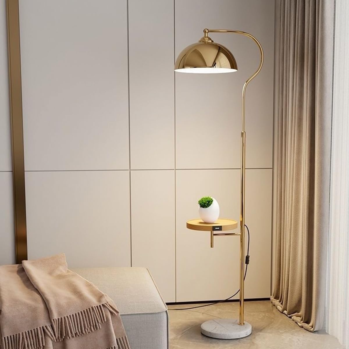 Modern Elegant with Table Floor Lamp Industrial Tall Standing Lamp Electroplated Iron Floor Lamps with Foot Switch Height Adjustable Arched Reading Light for Bedroom Office (Gold)