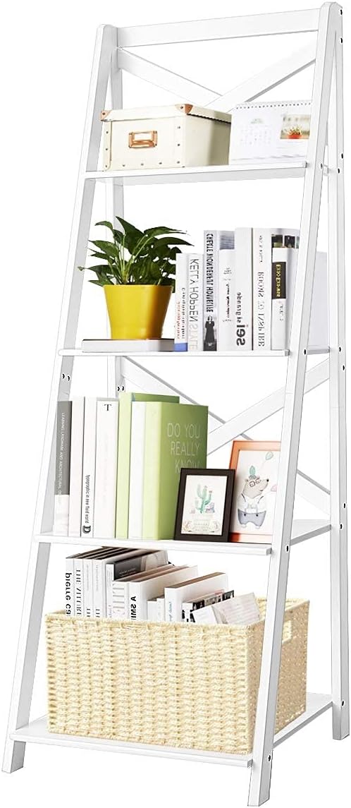 4-Layer Ladder Shelf Rack, Free Standing Wooden Bookcase, Flower Plants Display Shelf, Multifunctional Storage Bookshelf for Entryway Living Room Kitchen Bedroom Office (1, White)