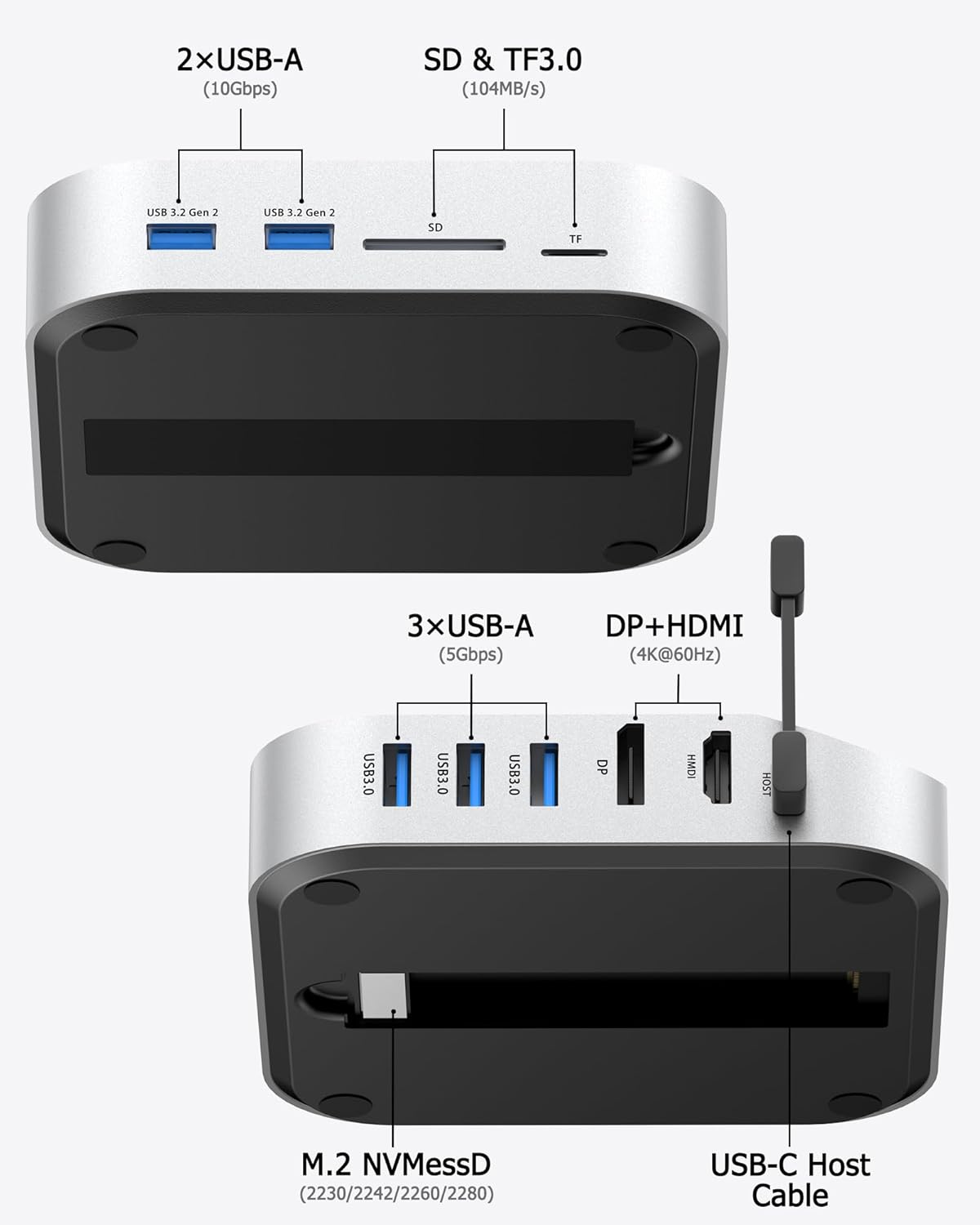 Mac mini M4 Dock with NVMe SSD Enclosure, Docking Station Dual Monitor for Mac mini M4/M4 Pro, 6-Port USB-C Hub with 4K60Hz HDMI, DisplayPort, SD/TF Card Reader, 10Gbps USB-A