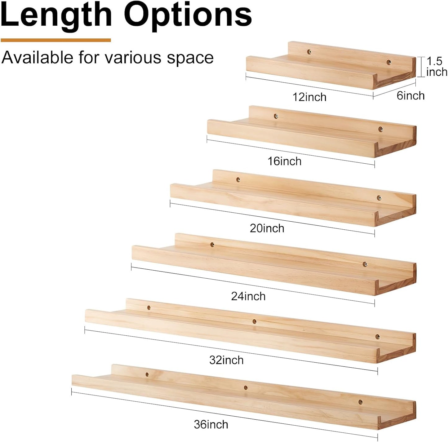 Floating Shelves for Wall Set of 2, 12 inch Rustic Pine Wood Wall Shelves for Bathroom, Living Room, Bedroom and Kitchen, Picture Ledge for Storage,Books,Room Decor,6x12 inch