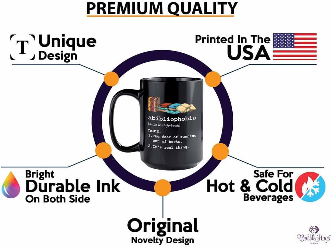 Reading Coffee Mug 15oz Black - Abibliophobia Definition - Reader Gift Bookworm Owl Lover Cat Lover Book Lover Novelist Librarian Writer