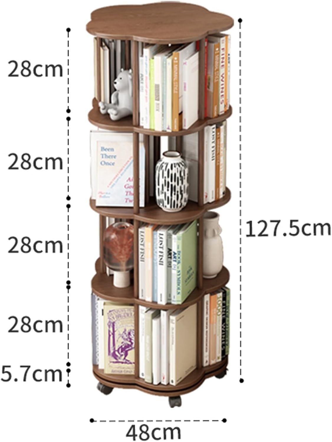 Quincunx Rotating Bookshelf 360° Revolving Bookcase Modern Floor Standing Storage Display Book Shelf Stackable Shelves Narrow Bookshelf (Walnut 3 Tier) (Walnut 4 Tier)