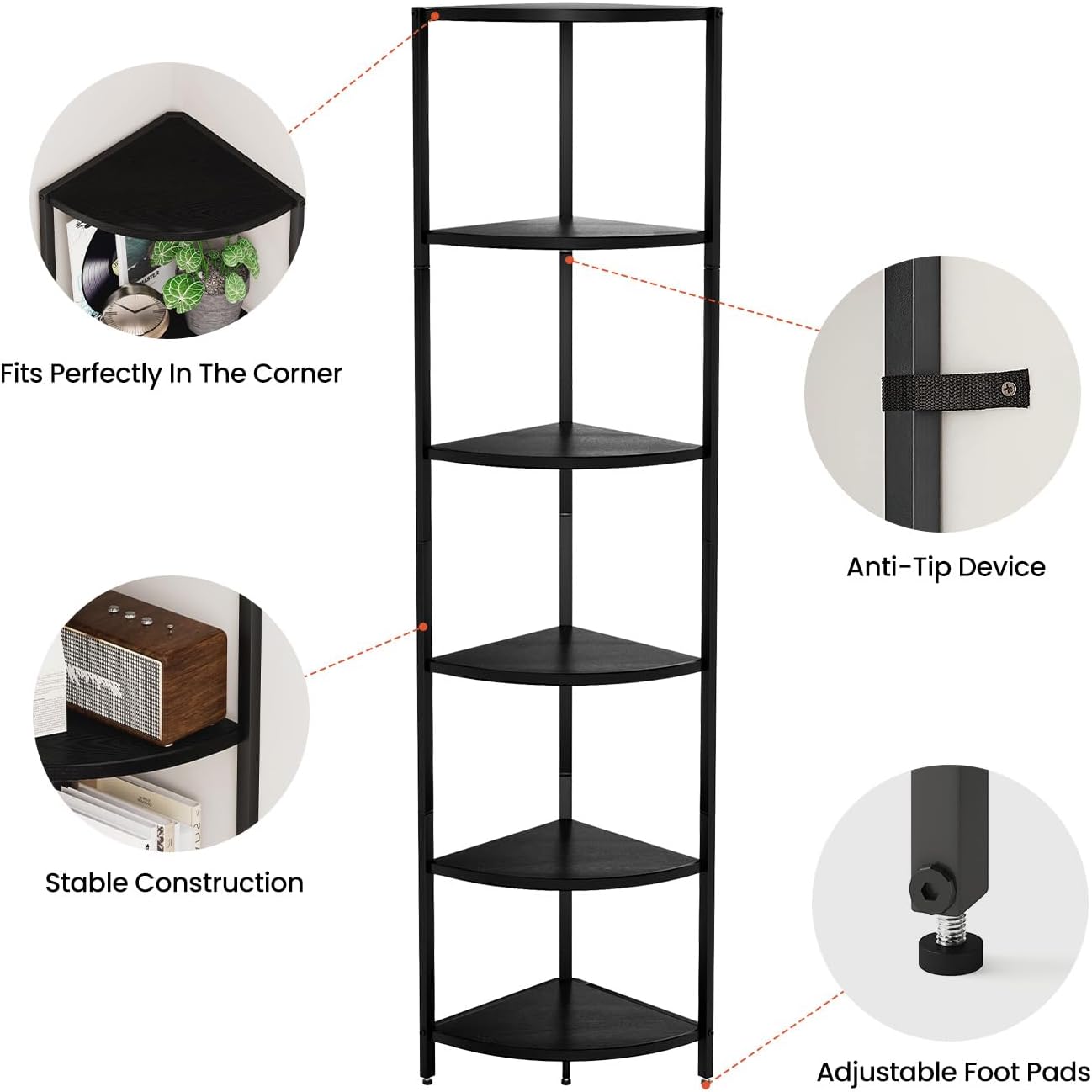 6 Tier Corner Shelf 63.1" Tall Corner Shelves stand Ladder shelf metal Standing Bookshelf Organizer Display Rack Bookcase Plant Stand Industrial for Living Room Bedroom Black Wood grain CS-001B3