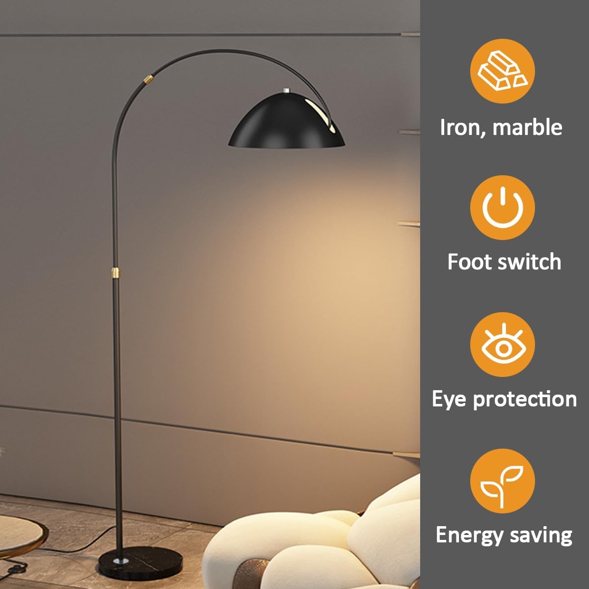 70.9" Modern Arc Floor Lamp Adjustable Height Standing Light with Dome Metal Shade Tall Corner Floor Lamps with Marble Base Over Couch Arched Reading Light for Living Room Hotel (Gold)