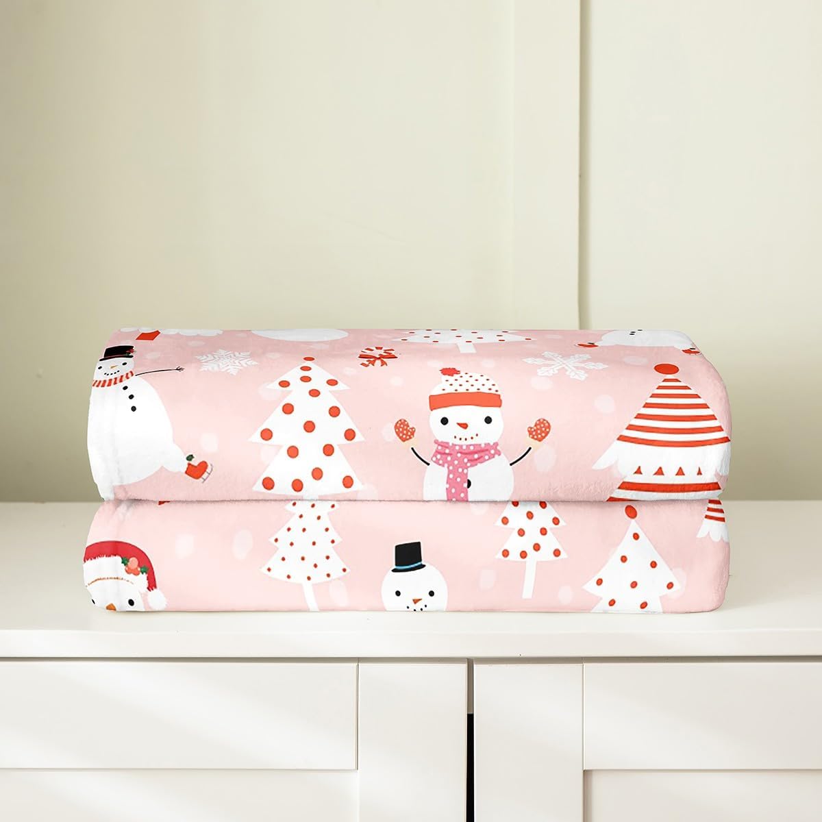 Feelyou Christmas Kids Plush Throw Blanket Cartoon Snowman Bedding All Season Bed Blanket Set for Sofa Couch Christmas Tree Decor Flannel Fleece Blanket Set Pink Dots Xmas Theme Bedroom Queen 90"x90"