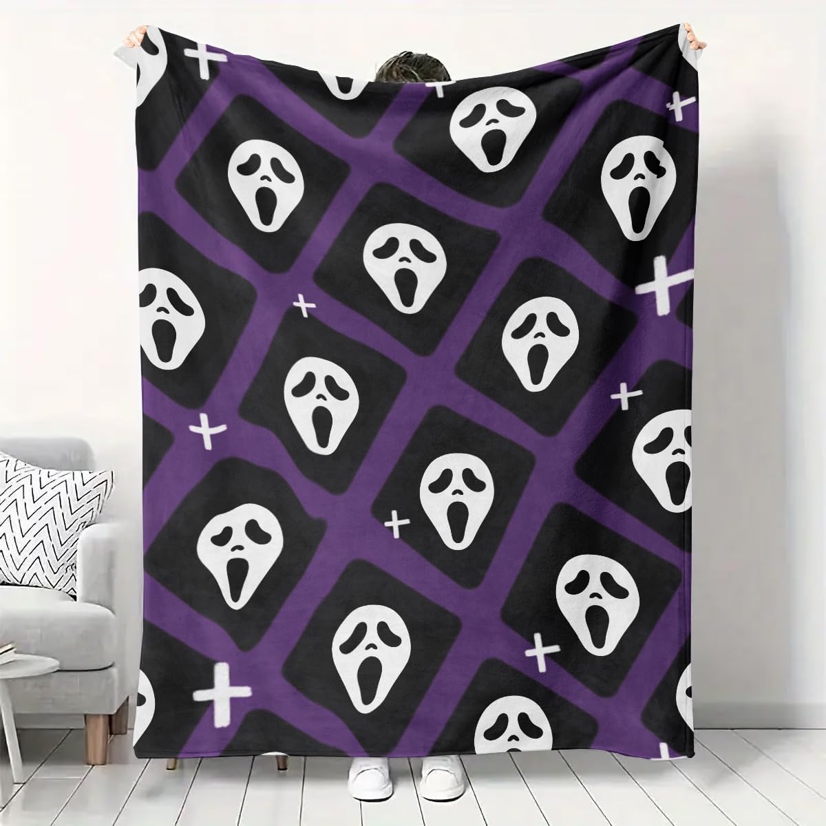 Halloween Spooky Face Blanket, Purple and Black, Soft Ghost Throw for Travel, Office, Home (80" x 60")