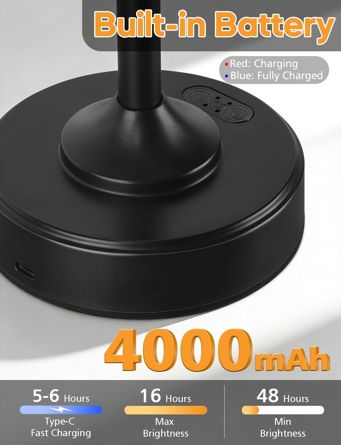 Height Adjustable Cordless Table Lamp Rechargeable with Timer, 3-Way & Stepless Dimmable LED Battery Operated Table Lamp, Wireless Battery Powered Lamp, Black Touch lamps for Nightstand Countertop