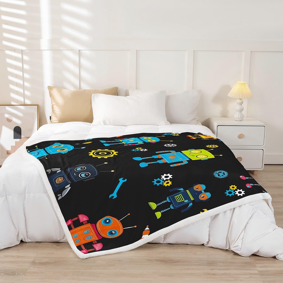 Cute Robot Kids Throw Blanket,Modern Watercolor Intelligent Machine Bed Blanket for Boys Girls,Cartoon Equipments Tools Fleece Blanket,Black Fuzzy Blanket,40 x 50 Inches