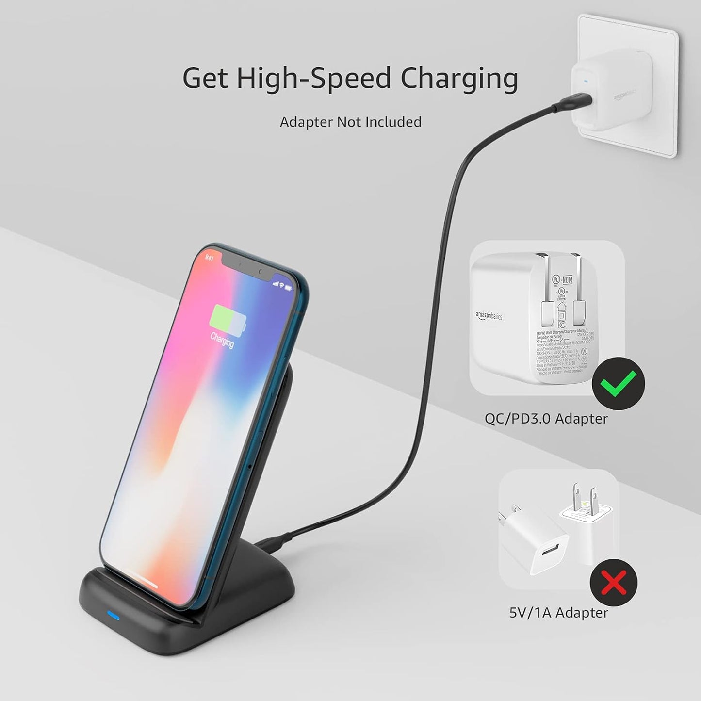 Amazon Basics 10W Qi Certified Wireless Charging Stand for Phone 16/15/14/13/12/11/X, Samsung, and More, with USB Cable, Black (No AC Adapter)