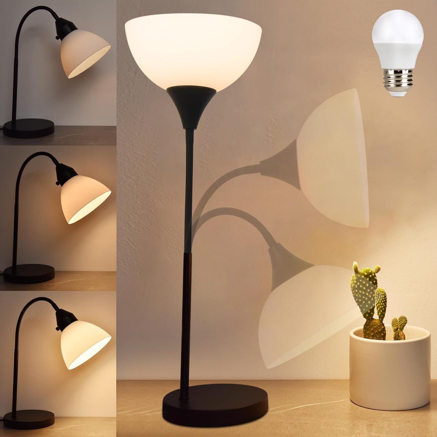 LED Desk Lamp for Home Office, 3 Levels Dimmable Reading Light, Flexible Table Lamp for Bedside Office, Rotary Switch Control, Desk Lamp for College Dorm Study Lamp, Bulb Included, Black