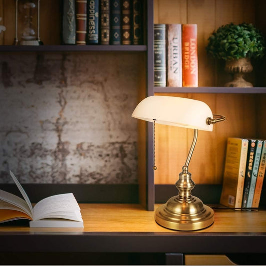 Newrays Glass Bankers Desk Lamp with Pull Chain Switch Plug in Fixture,Satin Brass Finish (White)