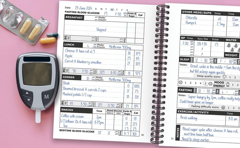 Diabetes Log Book - with Food & Blood Sugar Journal | for Types 1 & 2 Diabetics | A5 Spiral Bound