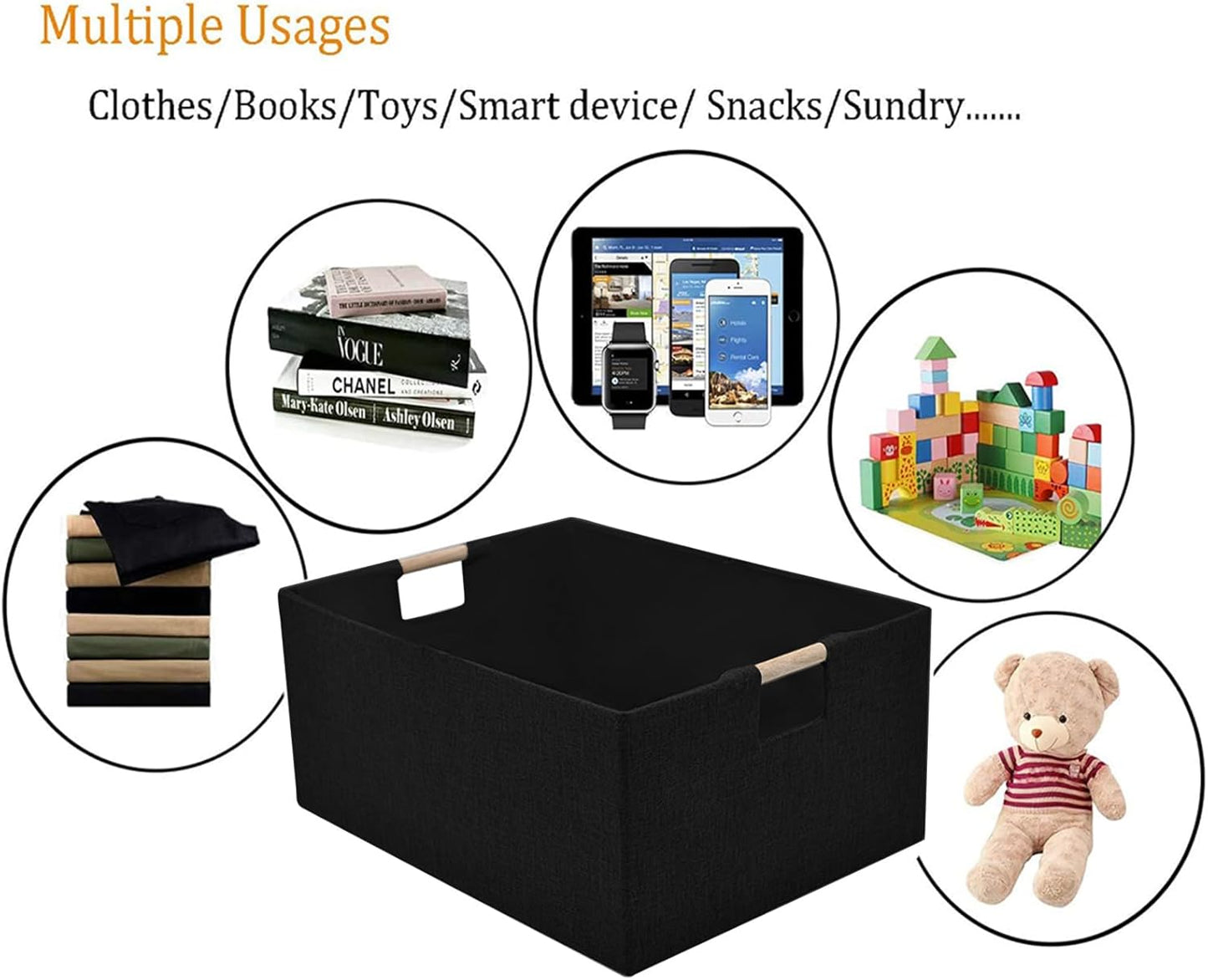 Fabric Storage Basket for Shelves, Collapsible Storage Bins with wood Handles, Rectangle Closet Baskets, Wardrobe Organiser, for Sorting Clothes, Family Items (Black) (1)