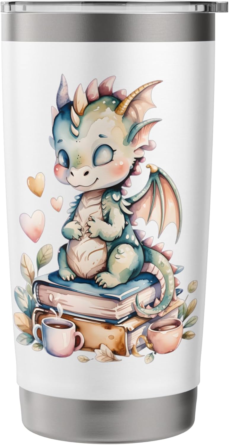 Cozy Green Baby Dragon Book Lover Pastel Fantasy Design Stainless Steel Insulated Tumbler