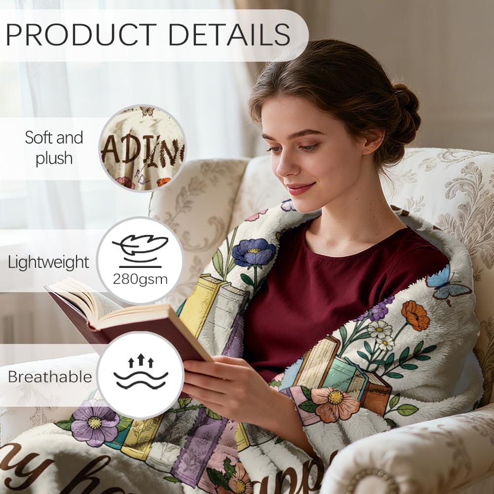 GLOBLELAND Books Flowers Throw 59x51 inch Butterflies Flannel Blanket for Book Lovers Washable Fuzzy Throw Blanket for Couch Chair Sofa Bed Dorm Bedroom Home