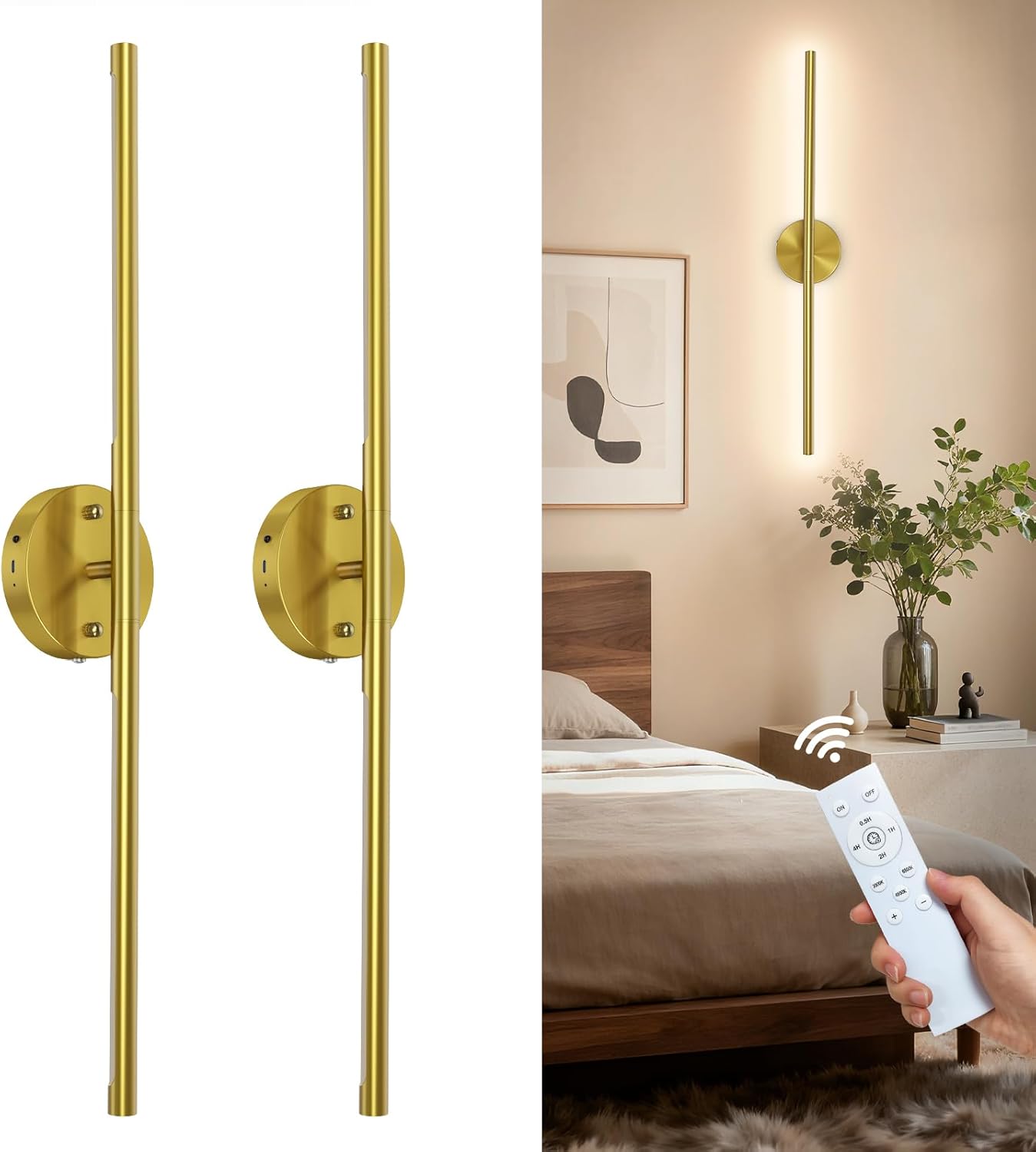 TONYFUL Battery Operated Wall Sconce Set of 2, Rechargeable Wall Lamp with 6000mAh Dimmable Bulbs and Remote, 3000K-6500K LED Wireless Wall Lights for Bedroom, Living Room, Hallway Decor, Background