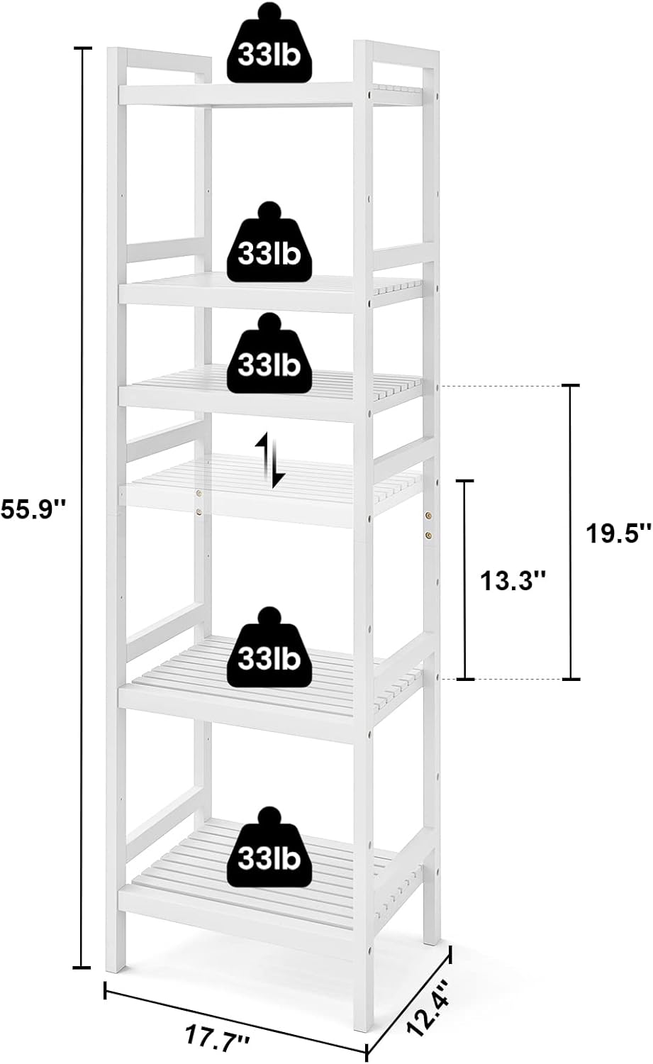 Homykic Bamboo Bookshelf, 5-Tier Narrow 55.9” Adjustable Book Shelf Bookcase Bathroom Shelves Freestanding Storage Stand for Living Room, Bedroom, Kitchen, Rust Resistance, Easy Assembly, White