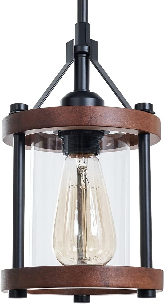 Farmhouse Pendant Light in Wood and Metal Cage, Rustic Brown Wood Pendant Light with Glass, Adjustable Hanging Light Fixtures, Mini Pendant Lighting for Kitchen Island, Hallway, Foyer, 1 Pack