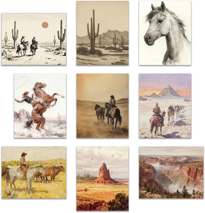 CRAFTYMELODY Western Cowboy Wall Art Prints Set of 9 Vintage Western Landscape Poster Wall Decor Wild West Home Artworks for Living Room Bedroom Man Cave Office Decoration 8x10 Inch Unframed