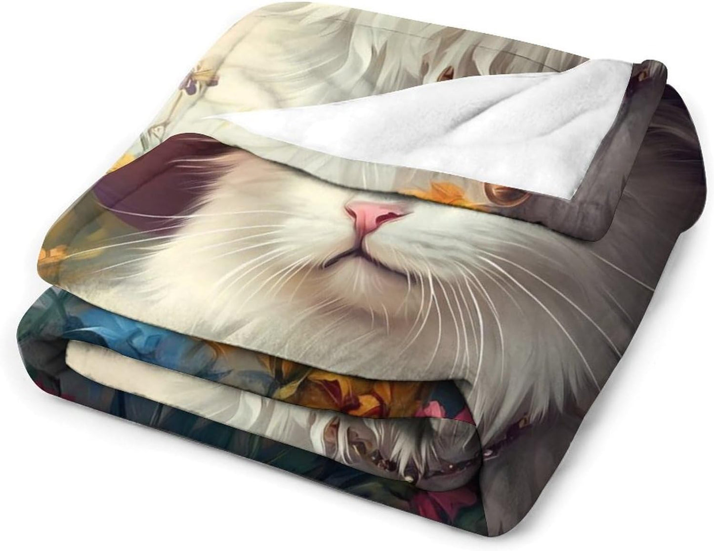 White Cat Throw Blanket for Couch Bed Plush Cozy Fuzzy Flannel Blanket for All Season 70"x80"