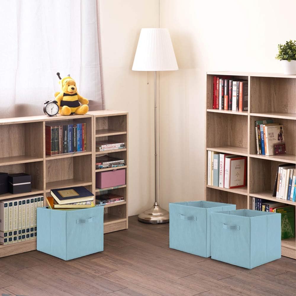 13x15x13 Large Storage Cubes [Set of 4] Sky Blue Foldable Fabric Storage Bins with Handles, Collapsible Closet Organizers and Storage Baskets for Shelves