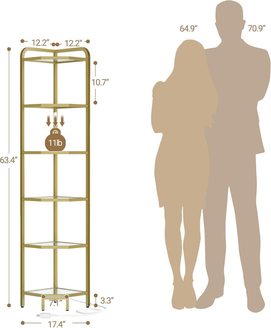 Corner Shelf with LED Lighting, 6-Tier Glass Bookshelf, Steel Frame, Tempered Glass, Modern Style Corner Shelf, Suitable for Living Room, Bedroom and Game Room, Gold CS09699G