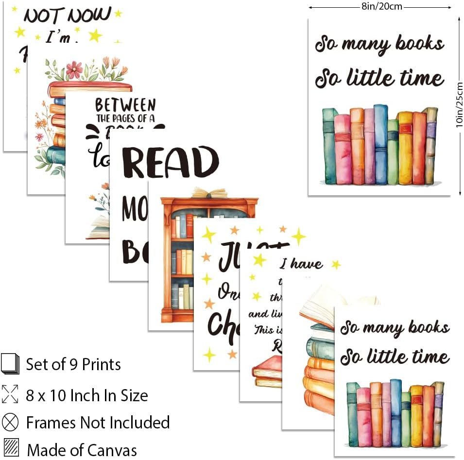 WEBEEDY 9 Styles Inspiring Reading Book Decor Books Wall Art Prints for Wall Aesthetic Library Decor Unframed Canvas Wall Art for Reading Room Living Room Office Home Book Party Decoration,8x10''