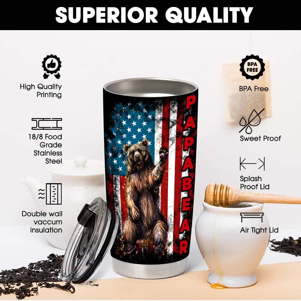 Papa Bear American Flag 20oz Stainless Steel Tumbler – Being a Dad Is an Honor Being a Papa Is Priceless, Insulated Coffee Travel Mug, Gift for Papa Dad Men