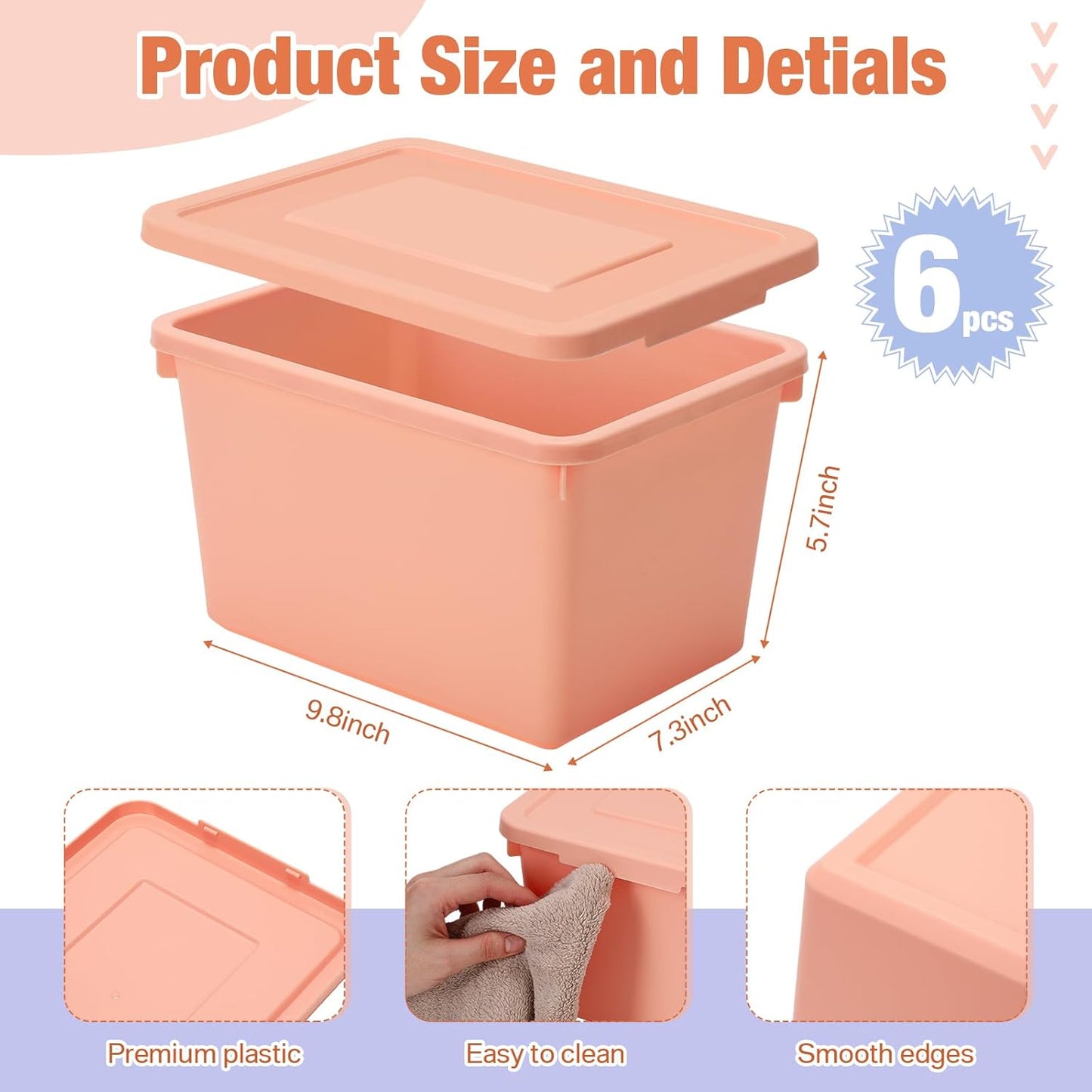 6 Pack Cute Plastic Storage Bins with Lids Decorative Stackable Storage Boxes 9.8" ×7.3" ×5.7" Small Storing Totes for Organizing Craft Office Supplies (Pink,Purple,Orange)