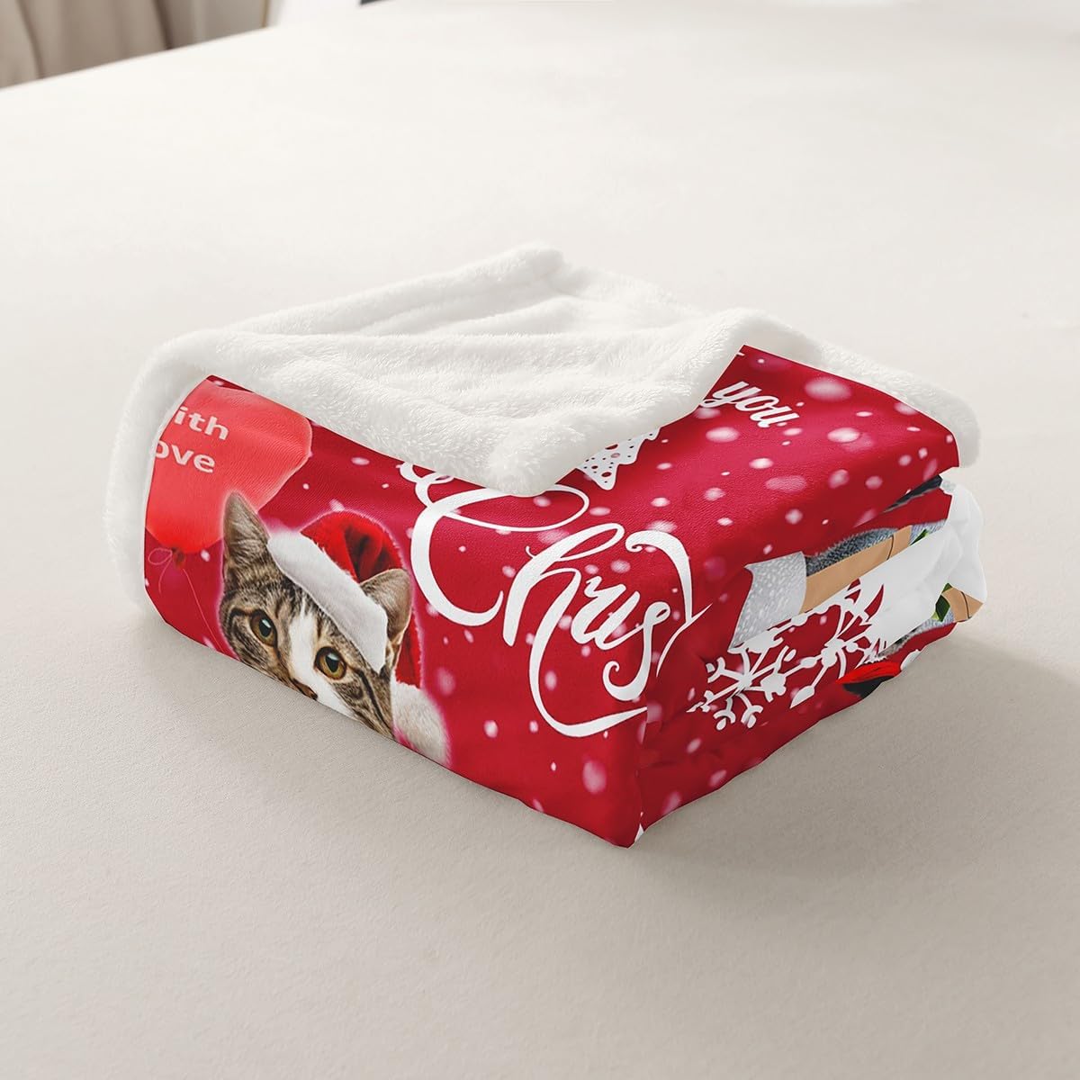 Merry Christmas Cat Fleece Throw Sherpa Blanket Xmas Snowflake Pet Sherpa Cute Kitten Print Plush 3D Animal Red White Warm Fuzzy 60"x80" Twin Bedroom Decor