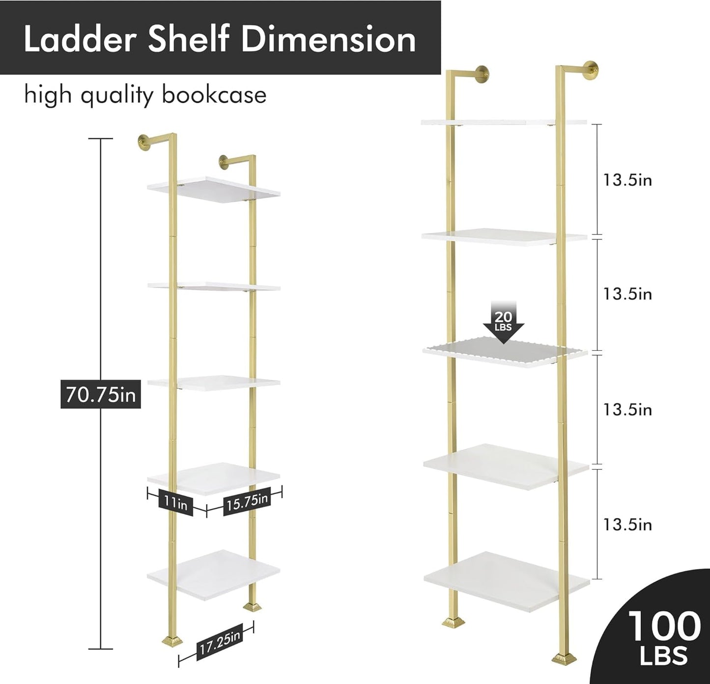 Axeman 5-Tier Ladder Bookcase, Tall Narrow Bookshelf for Small Spaces, Modern Book Storage Organizer Case Open Shelves for Living Room, Bedroom，Office, Library, Gold and White