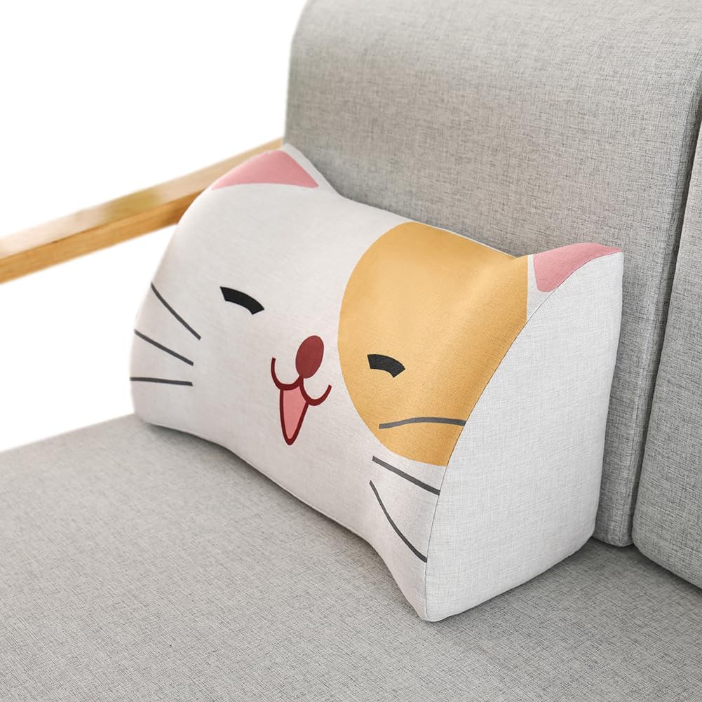 Sofa Lumbar Support Pillow Sponge Couch Waist Cushion Reading Pillow Cartoon Backrest Pillow Ergonomic Lumbar Pillow (Happy Cat, 50×19×28cm/19.7"×7.48"×11.02")