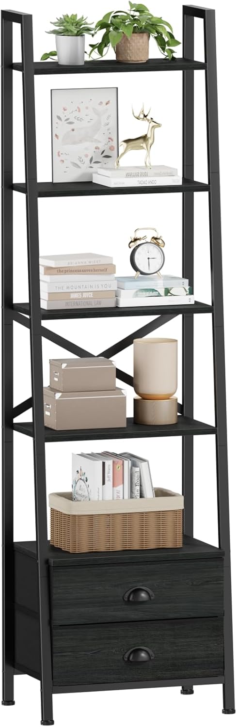 Furologee 5-Tier Ladder Shelf with 2 Drawers,Narrow Bookshelf Storage Shelves,Industrial Bookcase Freestanding Rack Units for Bedroom,Living Room,Bathroom,Home Office,Balcony,Wood Metal, Black Oak