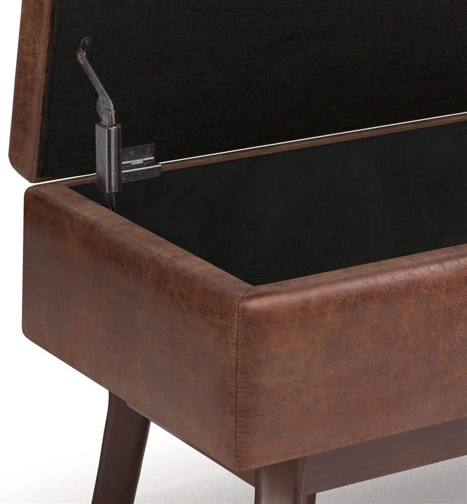 SIMPLIHOME Owen Small Rectangular Storage Ottoman - 36 inch Wide Upholstered Vegan Leather Lift-Top Ottoman in Distressed Saddle Brown, Mid-Century Modern Ottoman for Living Room with Tufted Detail
