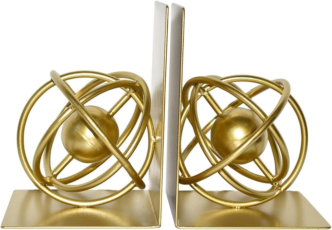 Gold Metal Bookends Set of 2, Heavy Duty Book Ends for Heavy Books, Unique Modern Geometric Ball Round Style Decorative Book Holders for Shelves Office Home Accent Decor，1 Pair/2Pieces
