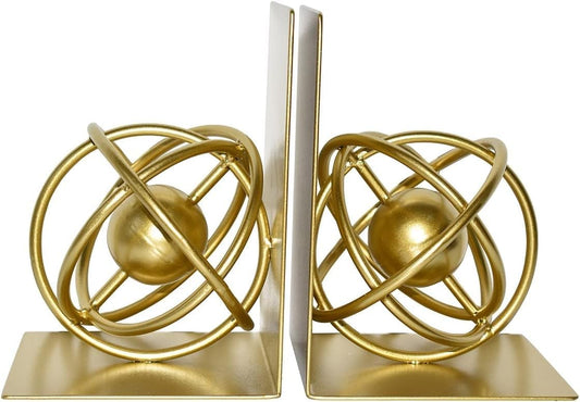 Gold Metal Bookends Set of 2, Heavy Duty Book Ends for Heavy Books, Unique Modern Geometric Ball Round Style Decorative Book Holders for Shelves Office Home Accent Decor，1 Pair/2Pieces