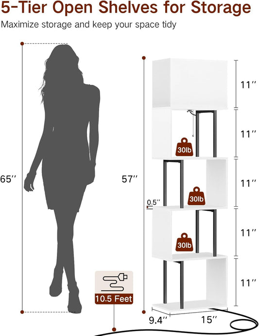 5-Tier Floor Lamp with Shelves & Remote, Dimmable S-Shaped Bookshelf with 3 Color Temperature, 1-Hour Timer, Tall Corner Standing Lamp for Living Room, Bedroom, Office(Black White)