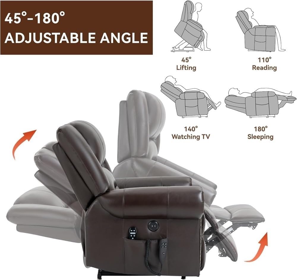 Dual Motor Power Lift Recliner with Heat Massage Lay Flat Electric Chair USB Ports Infinite Position Standing Assistance Leather Adjustable Brown Furniture for Elderly