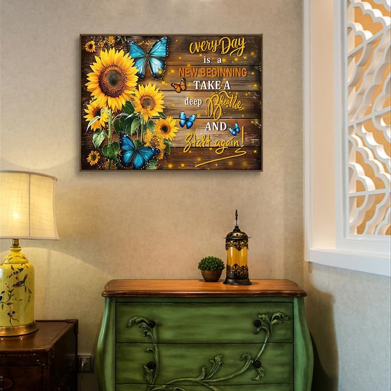 Sunflower Canvas Wall Art Blue Butterfly Rustic Wood Wall Decor Inspirational Prints Quotes Posters Vintage Painting Framed Artwork For Bedroom Living Room And Kitchen Home Modern Decors 12x16 Inches
