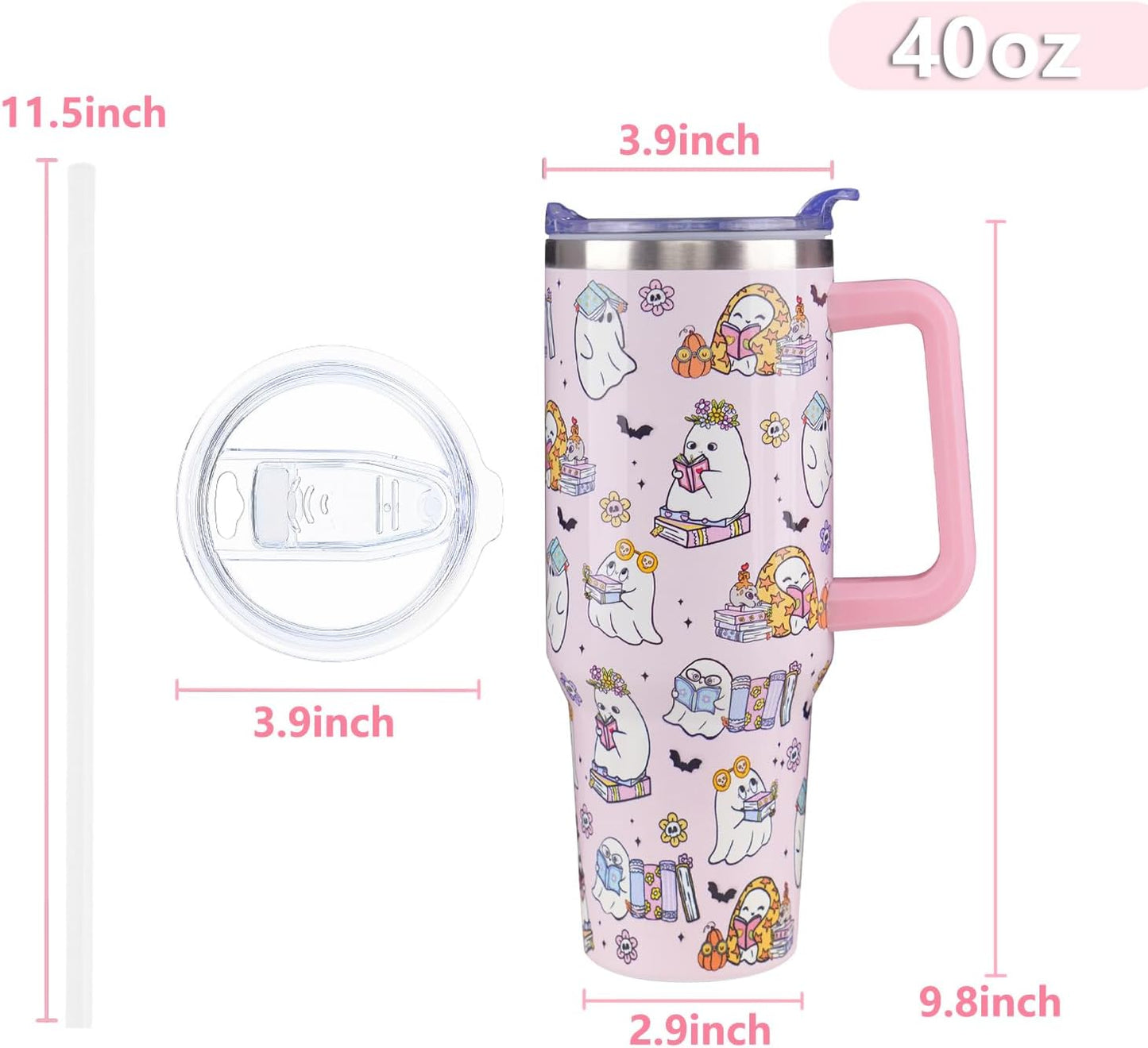 40 oz Halloween Tumbler with Lid and Straw, Stainless Steel Insulated Ghost Reading Book Tumbler 40 oz, Reusable Ghost Cup with Leak Proof Lid, Halloween Gifts for Women