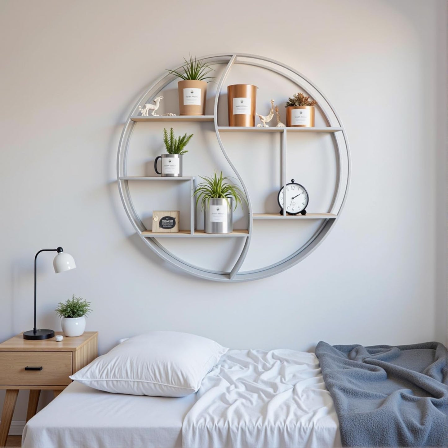 Round Wall Shelf,24 inch Metal Circle Shelf Wood Floating Shelves,Rustic Silver Wall Mounted Display Organizer Shelf for Fireplace,Living Room,Bathroom