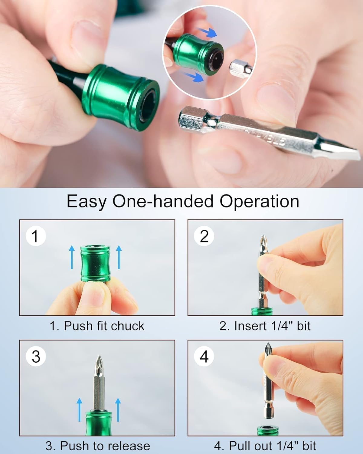 Push to Unlock,Katerk 6pcs 1/4 inch Hex Shank Aluminum Alloy Screwdriver Bit Holder Light-Weight Quick-Change Extension Bar Keychain Drill Screw Adapter Portable,Black Carabiner,Tool Gifts for Men