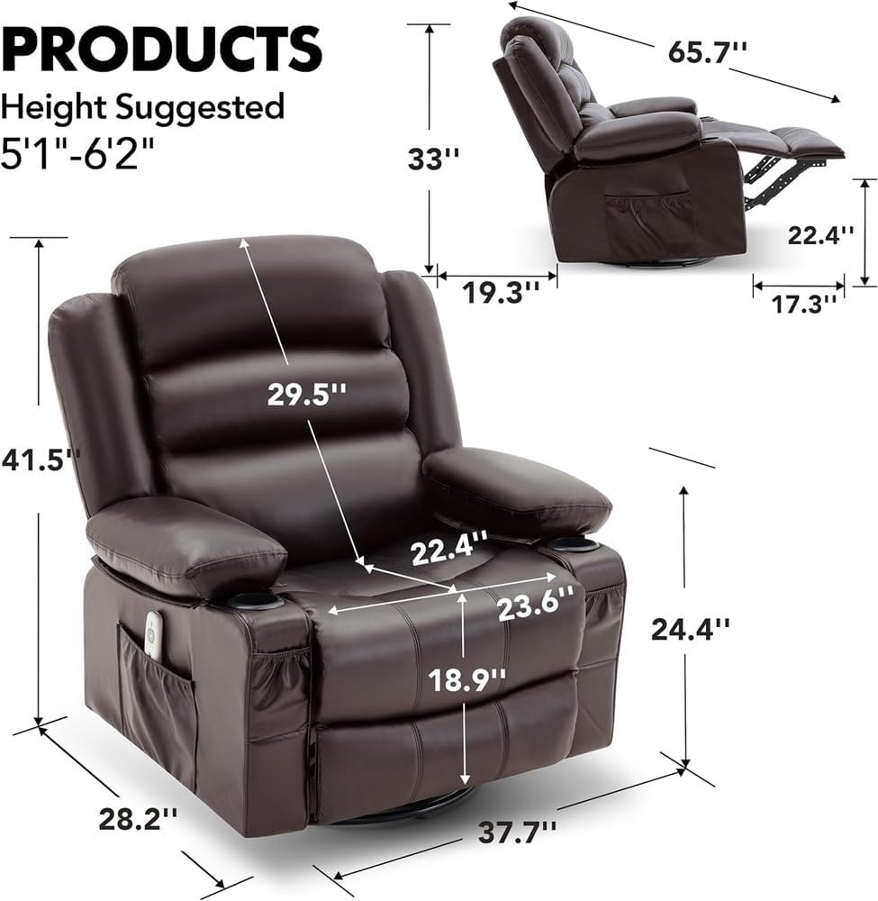360° Swivel Rocker Recliner Chair for Adults, Oversized Ergonomic Power Reclining Sofa with 2 Cup Holders & USB Ports, Leather Lounge Chair for Home Theater, Brown