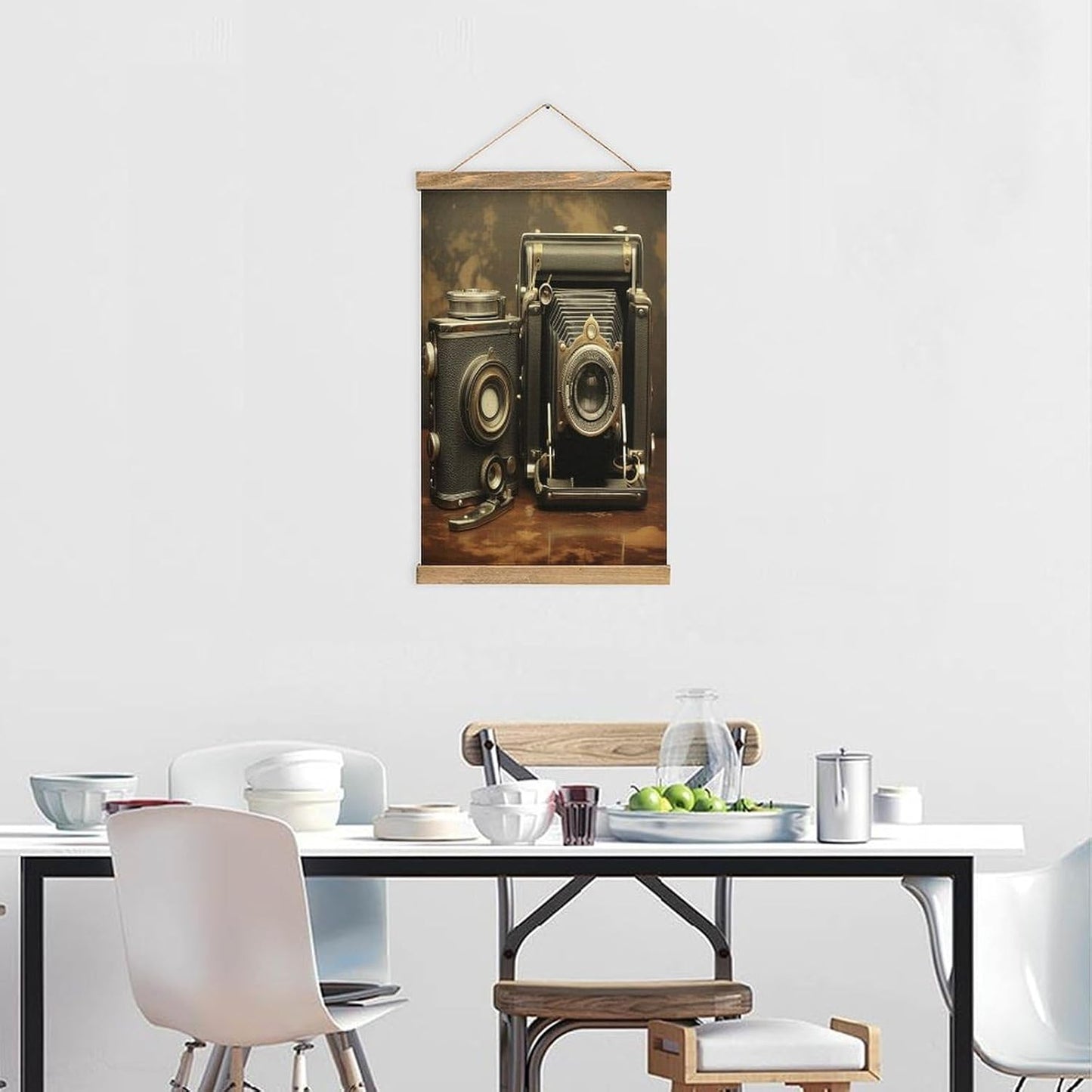Vintage Old Camera Poster with Wooden Frame Personalized Linen Hanging Scroll Painting Rustic Wall Hanging Illustrative Modern Artwork Decor for Home Living Room Bedroom Office