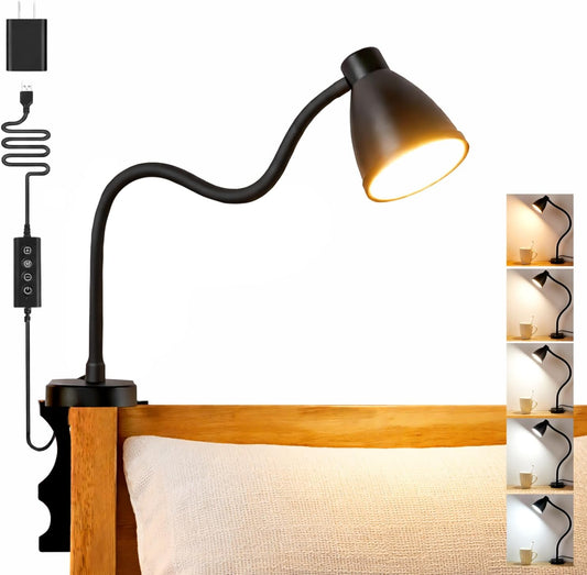 BOHON No Install Bedside Reading Light, Clip-Free Wall Mounted Lamp with 5 Colors & 10 Brightness Levels, Flexible Gooseneck, 30 Min Auto-Off Timer, Bed Lights for Headboard, Bedroom, Dorm (Black)